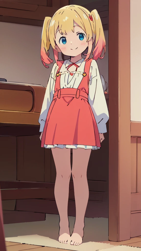 ((masterpiece))((Highest quality))girl、smile、blush、Flat Chest、Are thin、Blonde Hair、blush、Are standing、Whole body image、Eye level to the feet、front、No background、真frontのアングル、Blue clothes、Red and yellow two-tone hair、Twin tails、Red Alice outfit