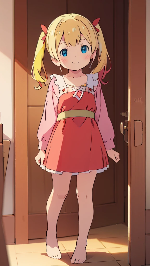 ((masterpiece))((Highest quality))girl、smile、blush、Flat Chest、Are thin、Blonde Hair、blush、Are standing、Whole body image、Eye level to the feet、front、No background、真frontのアングル、Blue clothes、Red and yellow two-tone hair、Twin tails、Red Alice outfit
