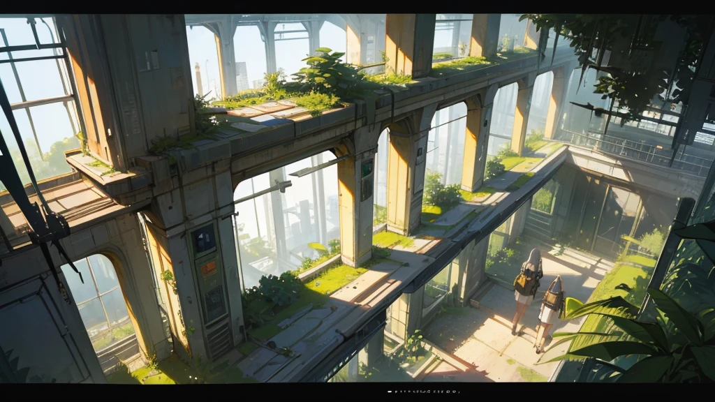 make a large hall seen from above. a canary from an abandoned futuristic train station being taken over by plants. very broad view