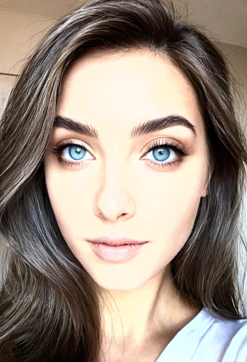 un selfie d'une jolie jeune femme, prise avec l'appareil photo de l'iPhone, Méticuleusement détaillé, cheveux bruns et grands yeux, reflet yeux de la chambre, yeux bleu gris, maquillage yeux couleur chaude