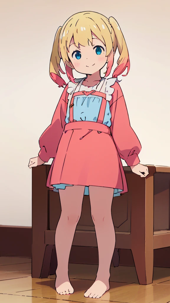 ((masterpiece))((Highest quality))girl、smile、blush、Flat Chest、Are thin、Blonde Hair、blush、Are standing、Whole body image、Eye level to the feet、front、No background、真frontのアングル、Blue clothes、Red and yellow two-tone hair、Twin tails、Red Alice outfit