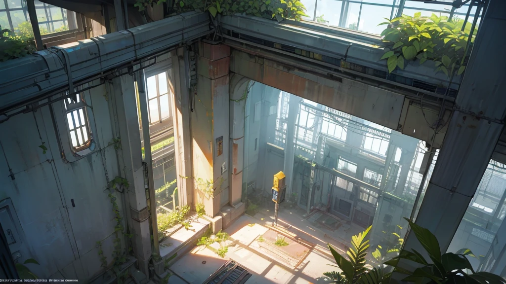 make a large hall seen from above. a canary from an abandoned futuristic train station being taken over by plants. very broad view