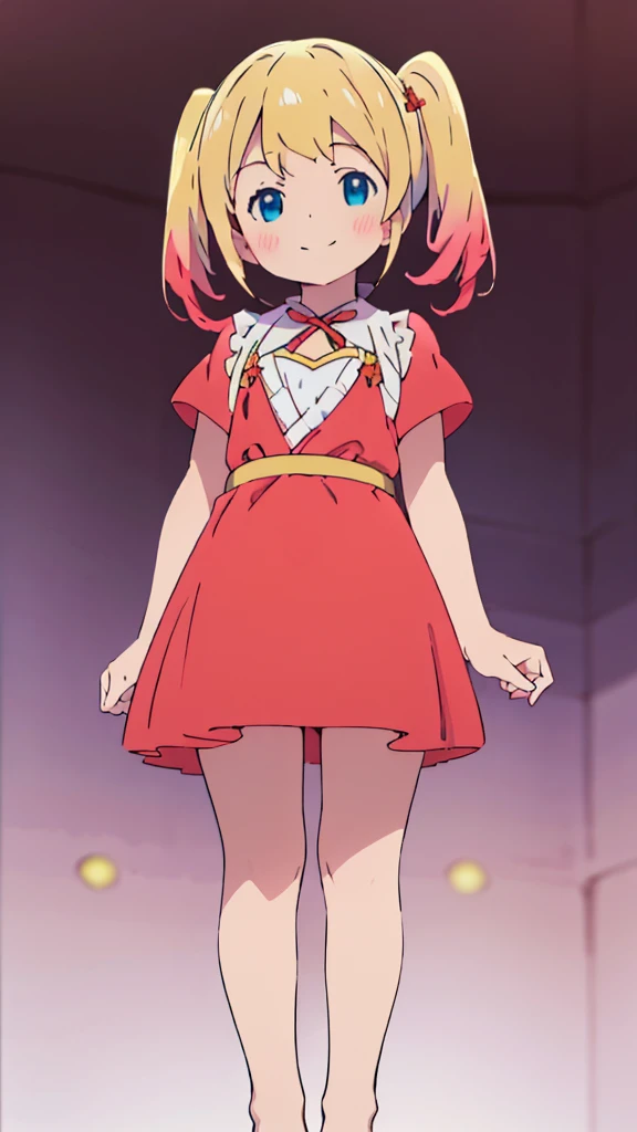 ((masterpiece))((Highest quality))girl、smile、blush、Flat Chest、Are thin、Blonde Hair、blush、Are standing、Whole body image、Eye level to the feet、front、No background、真frontのアングル、Blue clothes、Red and yellow two-tone hair、Twin tails、Red Alice outfit