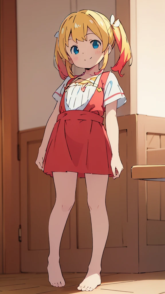 ((masterpiece))((Highest quality))girl、smile、blush、Flat Chest、Are thin、Blonde Hair、blush、Are standing、Whole body image、Eye level to the feet、front、No background、真frontのアングル、Blue clothes、Red and yellow two-tone hair、Twin tails、Red Alice outfit