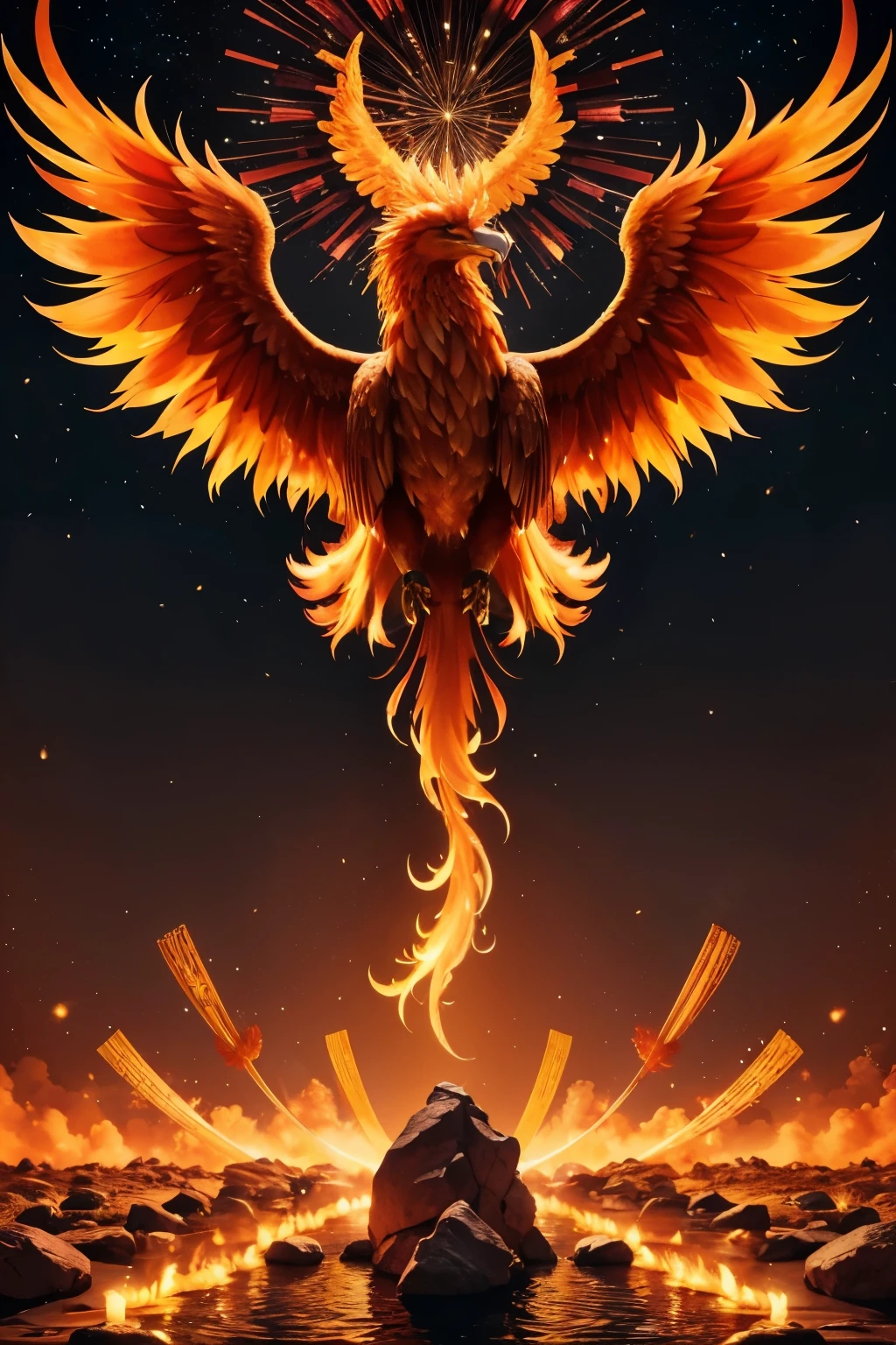 Create 4K art involving all the symbols of the June festival, with the theme: "The Phoenix of the Party: Reborn in the Juninas Flames", also inserting the name: Burst of joy" inside art