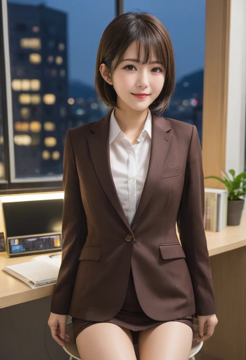 Completely naked、8k, RAW Portrait (Japanese women),masterpiece、Photorealistic:1.2、Realistic, Ultra-high resolution, Highest quality, Real Life Photos ,( in the evening :1.1),
((((1 female:1.5))))、Japanese women,((office lady))、((suit:1.6))、 Short Hairstyles,Slender body,Office window、 ((Dark brown eyes:1.2))、(Real skin texture:1.3)、(Immersive atmosphere:1.2、Chiaroscuro:1.2) 、(Look Viewer:1.4)、((Embarrassed look:1.4))、((Red cheeks:1.3))、((From belowの天井:1.35))、(smile:1.2)、((Roll up your skirt yourself))、((From below:1.45))、((Crotch close-up:1.62))、((Spread your legs out to the side:1.4))、