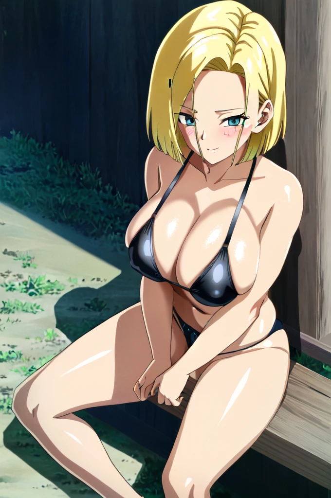 (extremely detailed CG unity 4k wallpaper),(masterpiece),(best quality),(ultra-detailed),(best illustration),(best shadow),(absurdres),(detailed background), Android 18, 1girl, android 18, solo, blonde hair, source_anime, score_9, score_8_up, score_7_up, anime screencap, 1girl, solo, breasts, looking_at_viewer, blushed smile, large_breasts, cleavage, bare_shoulders, sitting, collarbone, crossed_legs, black underwear, from_below, breasts, large breasts, big breasts, huge breasts, big tits, giant breasts, small bikini, bikini, bare shoulders, bare arms, beach, ocean, underboob