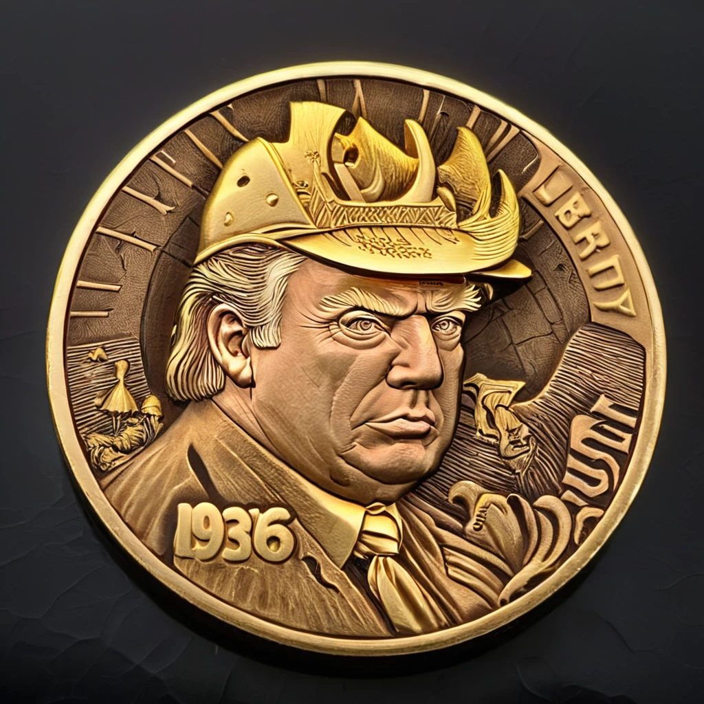 a photo of Donald Trump carving cnl gold coins, CNL Lighting, CNL Texture, high resolution, comely, highest quallity, work of art, highy detailed