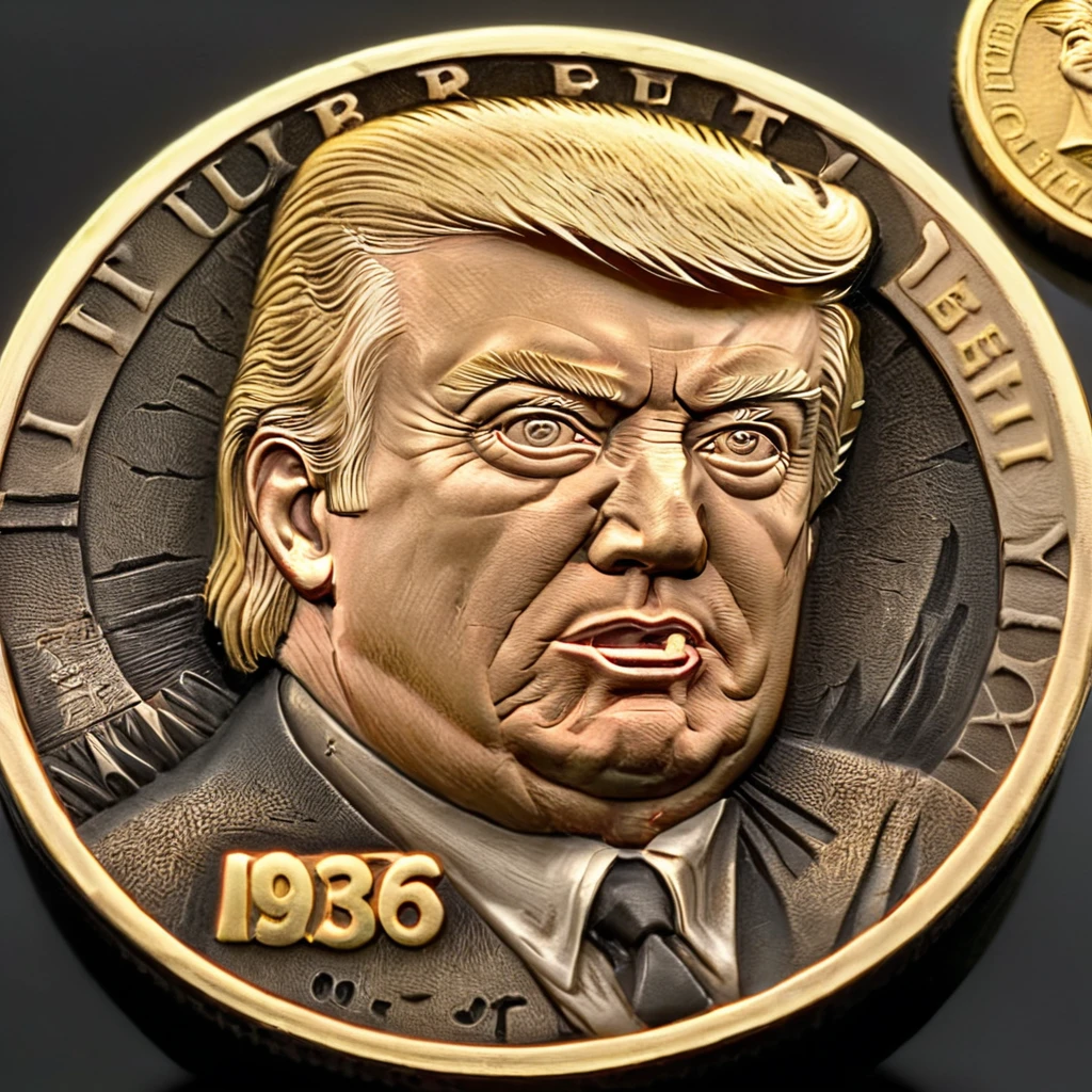 a photo of Donald Trump carving cnl gold coins, CNL Lighting, CNL Texture, high resolution, comely, highest quallity, work of art, highy detailed