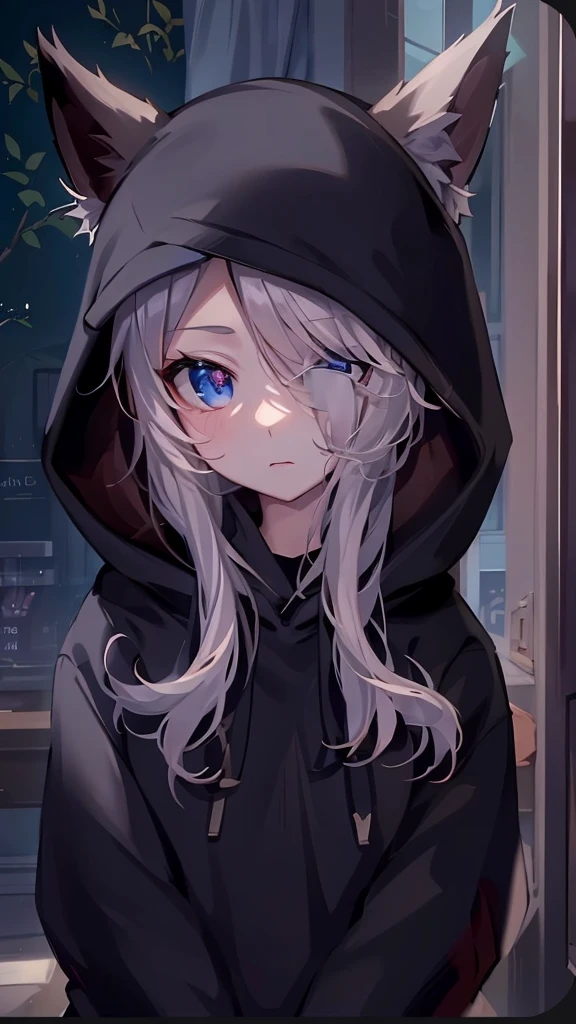 catgirl, 1gir, cat ears, ((cute)), masterpiece, best quality, perfect face, hoodie, hood, looking up, high angle, smal, furr, cozy, warm, window, night, long hoodie, no_pants, 4k, wallpaper, close up, digital art, anime style, beautiful eyes, intimate