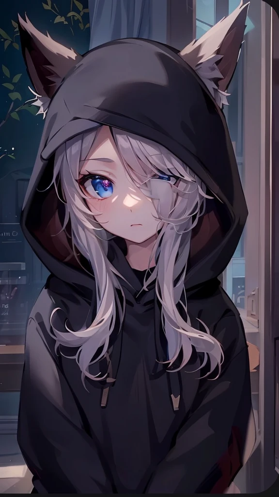 catgirl, 1gir, cat ears, ((cute)), masterpiece, best quality, perfect face, hoodie, hood, looking up, high angle, smal, furr, cozy, warm, window, night, long hoodie, no_pants, 4k, wallpaper, close up, digital art, anime style, beautiful eyes, intimate