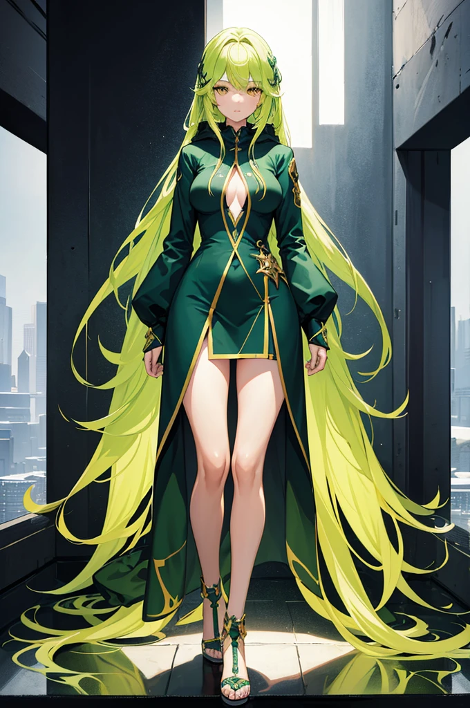 masterpiece , ultra high defination , extremely detailed, draw a girl with long green hair, long hair , full clothing , medium breasts , full body covered with clothes , long sleeves , hoodie , focus on face, extremely detailed face , clear image, focus on face , extremely detailed face , ultra high definition , alpha pose