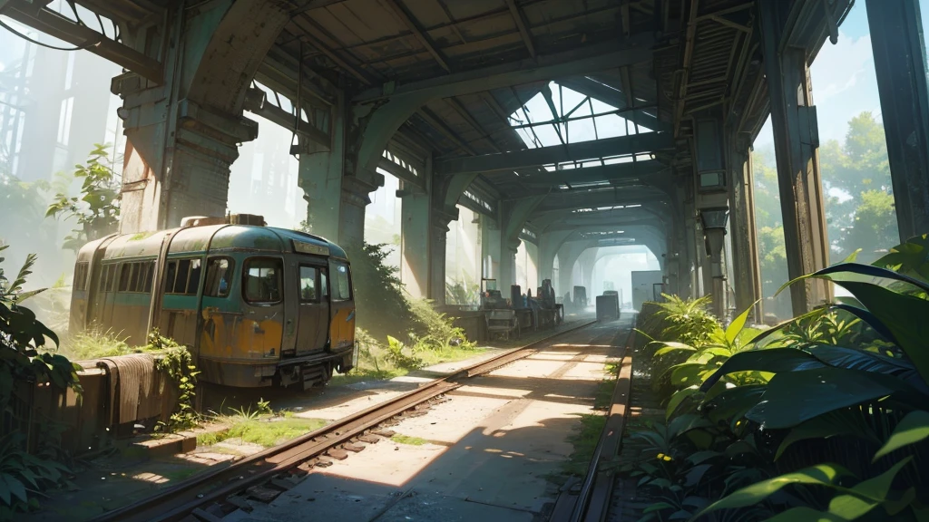a large futuristic abandoned train station hall overgrown with plants, a canary, high angle view, (best quality,4k,8k,highres,masterpiece:1.2),ultra-detailed,(realistic,photorealistic,photo-realistic:1.37),intricate details,dramatic lighting,cinematic composition,moody atmosphere,vibrant colors,natural textures,overgrown vegetation,decaying architecture,retrofuturistic design,abandoned setting,dramatic shadows,dynamic camera angle,bird wildlife,lush foliage,dilapidated infrastructure