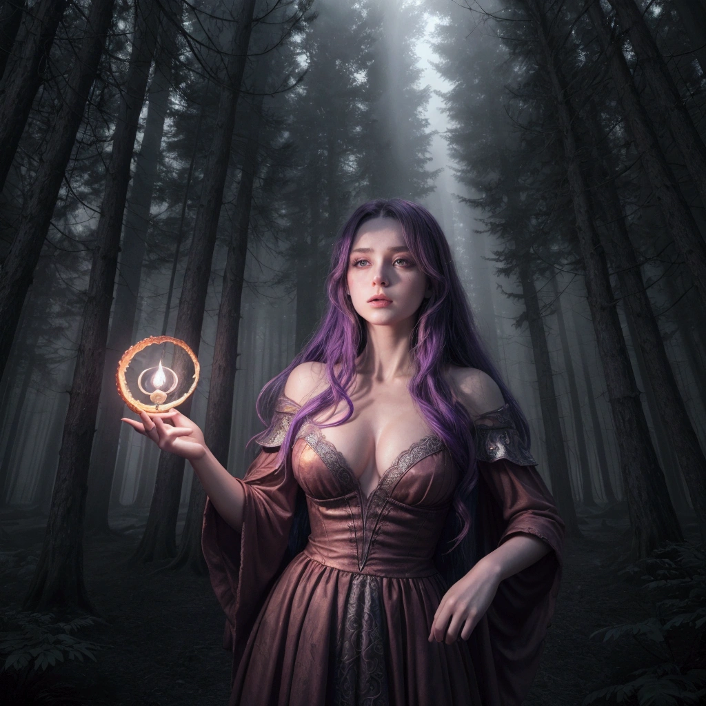 "(best qualityer, high resolution, ultra detali), The Goddess Casting Brilliant Mystical Spells on a Haunted Forest, orange and purple tones, portraits, bright coloured, extreme detailed description, sharp focus, Physically based rendering, studio lighting, horor, witch, magical, mysterious atmosphere, swirling mist, ethereal glow, ancient trees, twisted branches, Moonlit sky, mysterious shadows, Mesmerizing, enchanting, hauntingly beautiful"