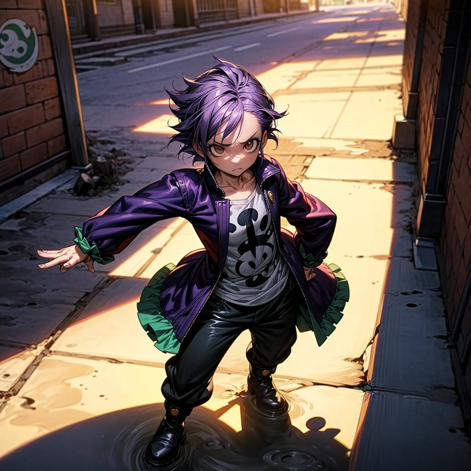 1character, full body version, character is version, hazel eyes, dark purple colour hair, Shaggy hairstyle, clothing style is punk, boots, Grassroots background in city, motion blur, shadow, standing gesture, (one piece style art), Puddle