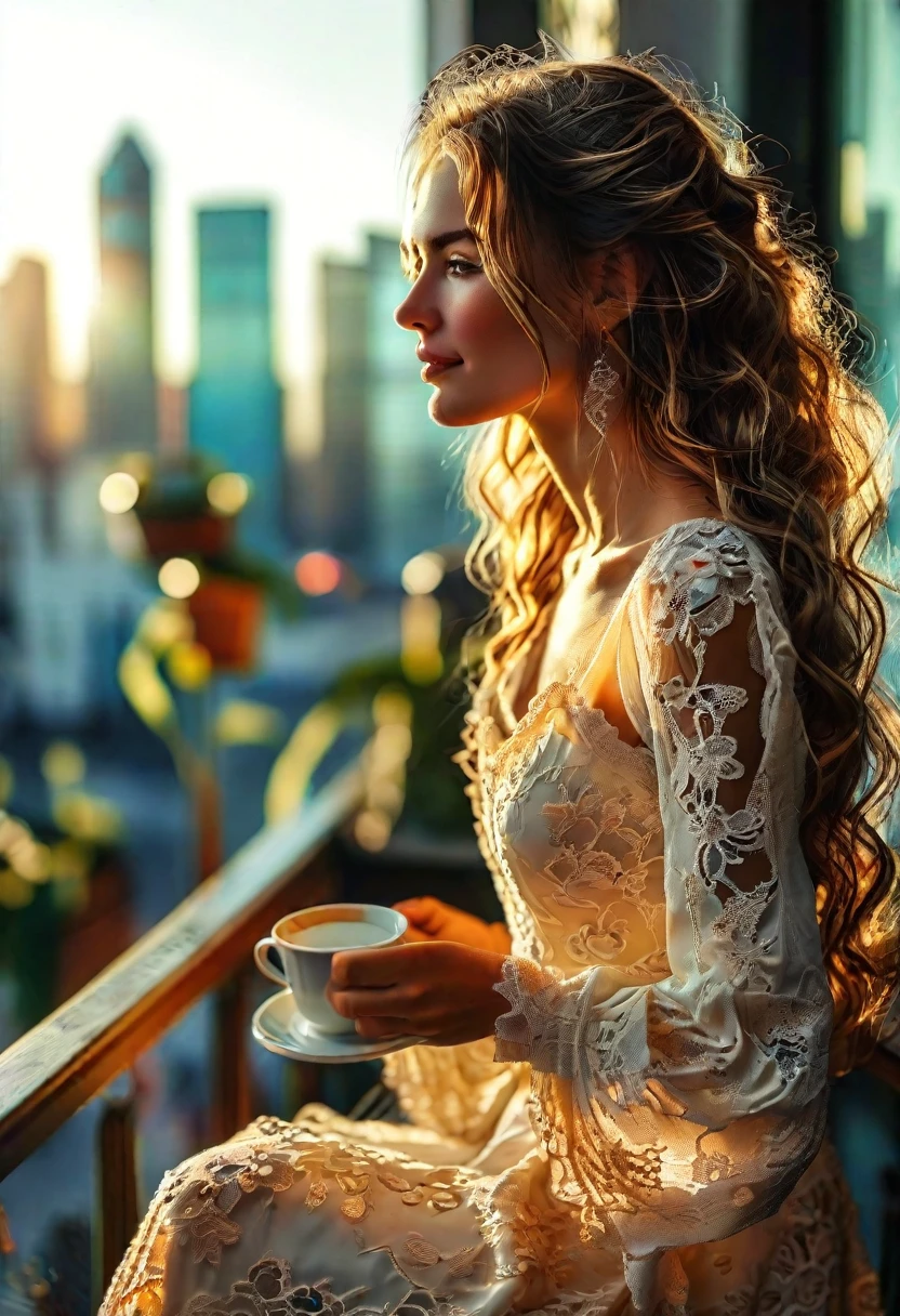 a woman enjoying a morning coffee, sitting on her sunlit balcony, elegant coffee cup, relaxed pose, warm sunlight, city skyline in background, intricate lace dress, long wavy hair, detailed facial features, peaceful expression, cozy atmosphere, soft focus, realistic lighting, photorealistic, 8k, high quality, masterpiece