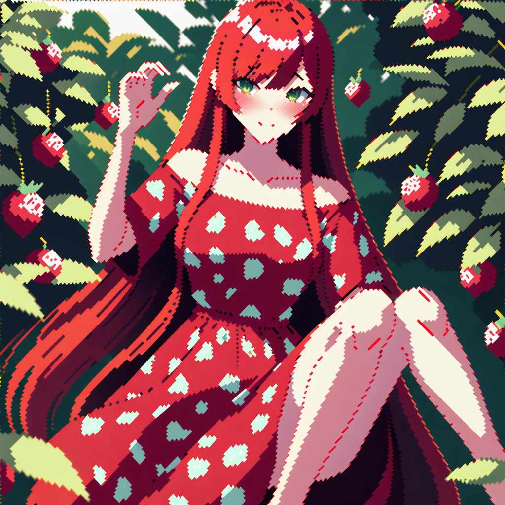 A red-haired girl, with green eyes, dressed in a strawberry print