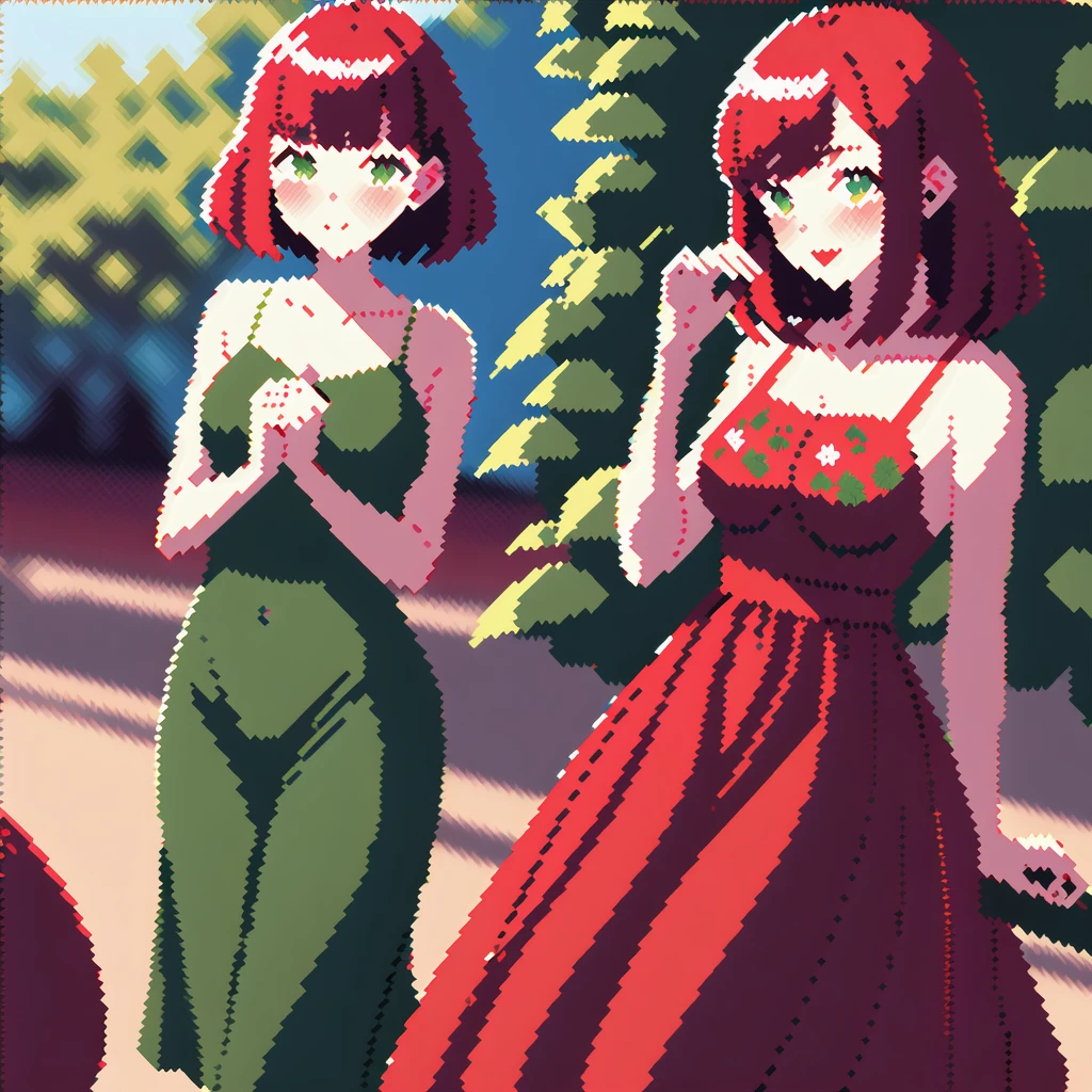 A red-haired girl, with green eyes, dressed in a strawberry print