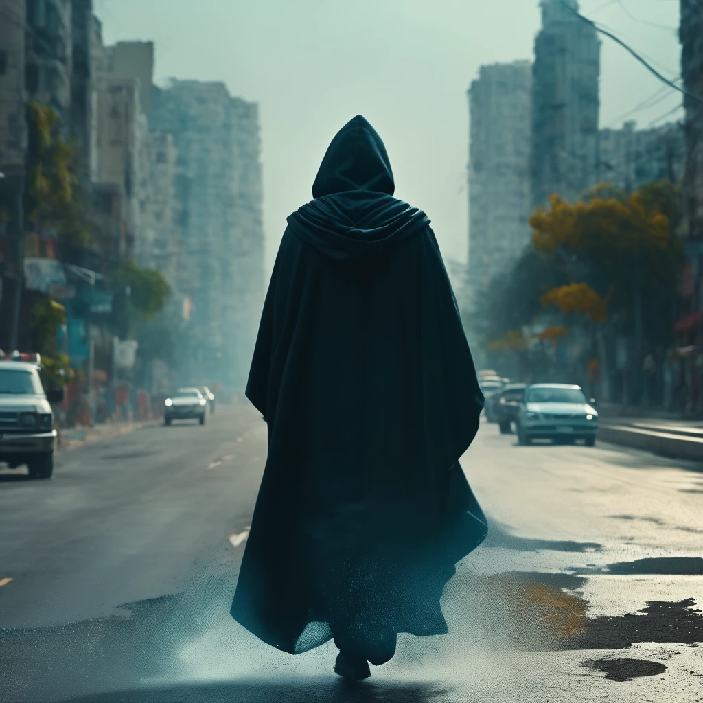 "cinematic still, medium shot on ARRI Alexa 35, a hooded figure using chaos magic, low-key color grading, hyper-realistic pop, busy road, indian 2024
