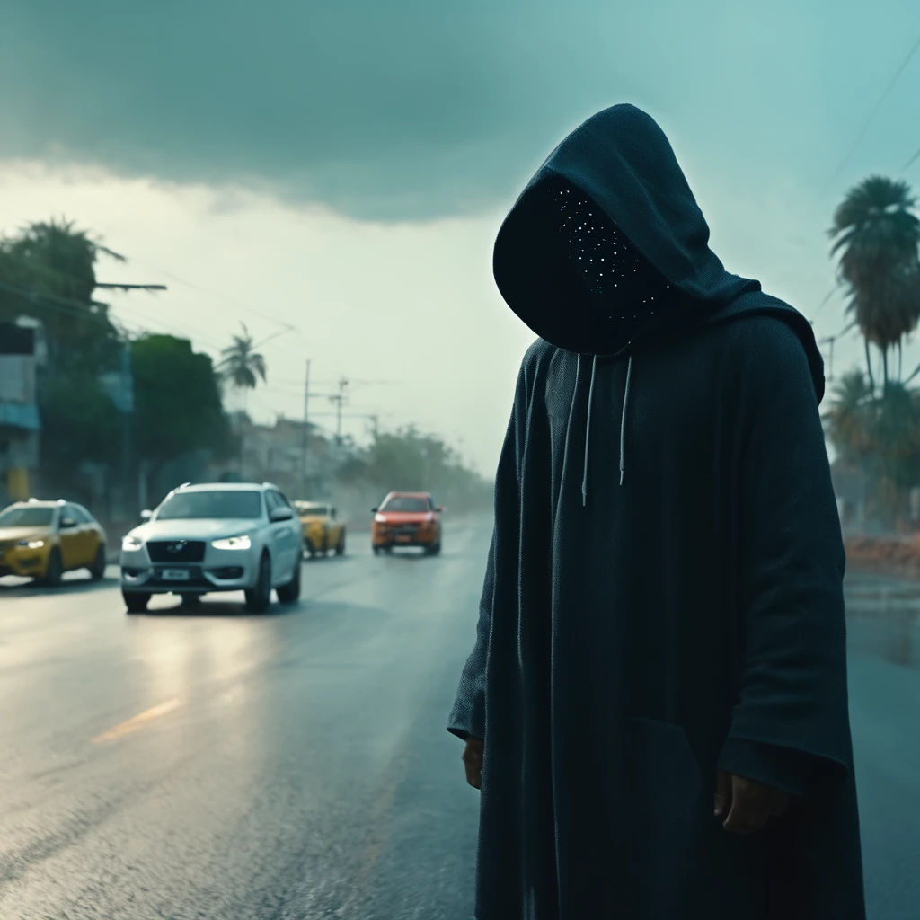 "cinematic still, medium shot on ARRI Alexa 35, a hooded figure using chaos magic, low-key color grading, hyper-realistic pop, busy road, indian 2024