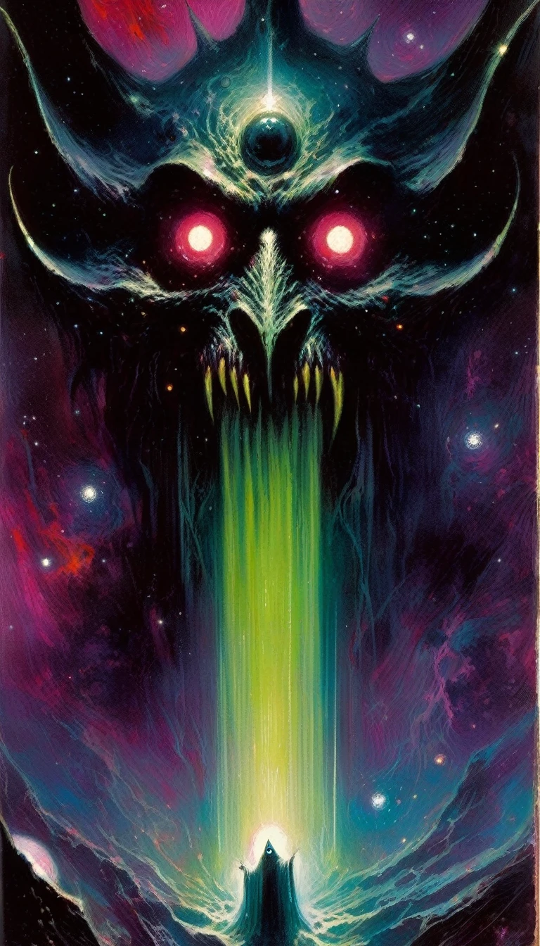 evil incarnate, cosmic horror, tarot card style,(art inspired by Bill Sienkiewicz). oil painting)
