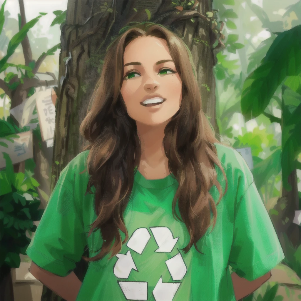 arafed woman in green shirt standing next to a tree with a recycle sign on it, green clothing, green clothing, green shirt, wearing green clothing, retrato environmental, environmental, isabela moner, sustainability, recycled, environmental portrait, sustainable, print ready, avatar image, friendly ambiance, casual green clothing, cara verde, Kizi