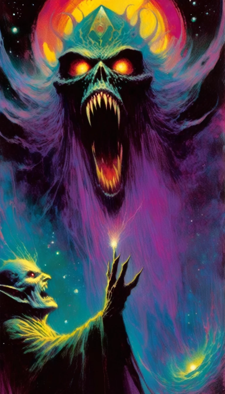 evil incarnate, cosmic horror, tarot card style,(art inspired by Bill Sienkiewicz). oil painting)