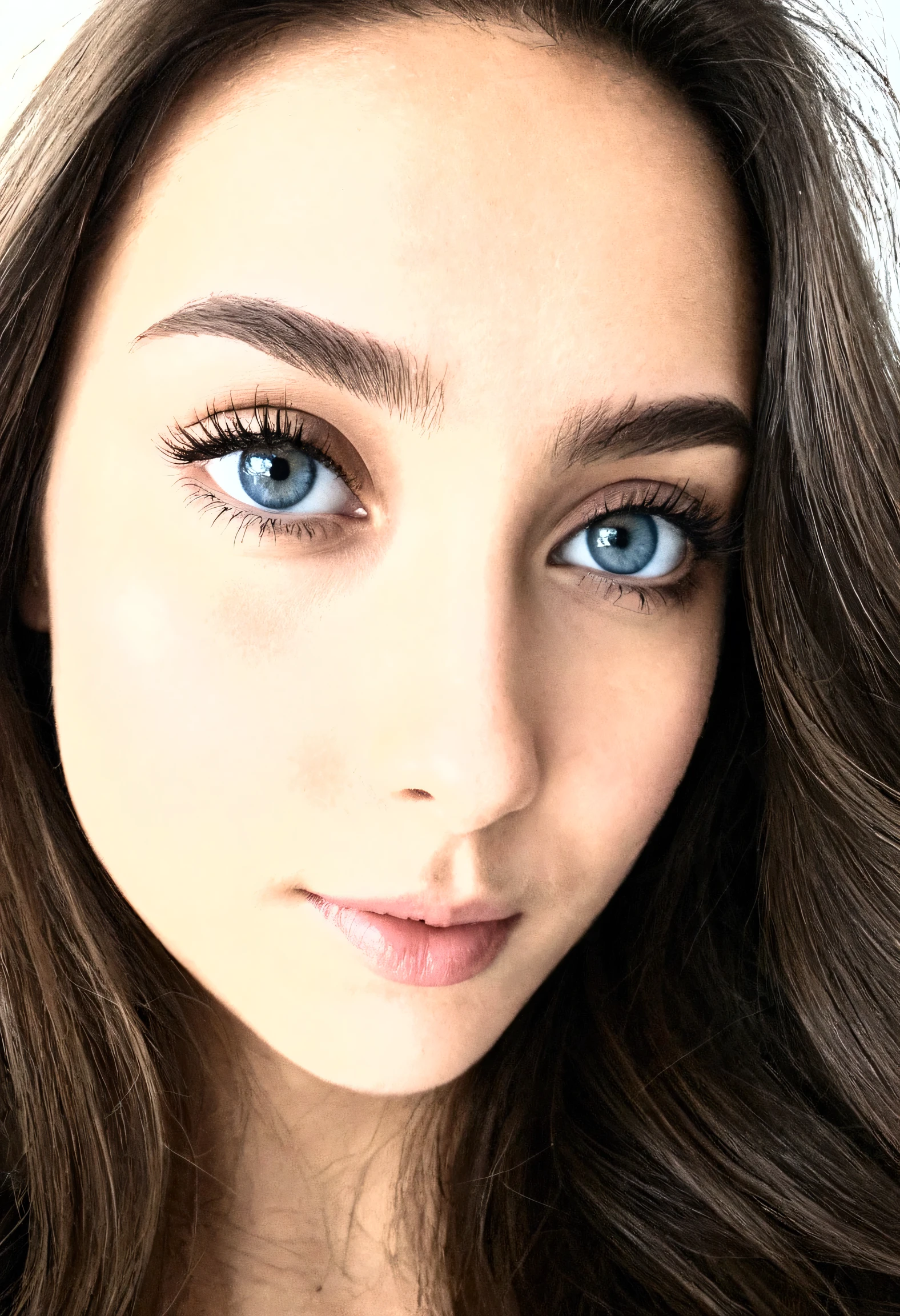 un selfie d'une jolie jeune femme, prise avec l'appareil photo de l'iPhone, Méticuleusement détaillé, cheveux bruns et grands yeux, reflet yeux de la chambre, yeux bleu gris, maquillage yeux couleur chaude
