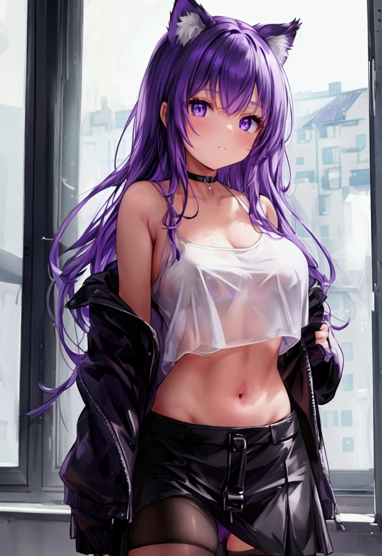 cat girl, solo, age:18, :3, split, standing split, purple long hair, purple eyes, white underpants, full body, closed up, closed mouth, ultra-detailed, black jacket, skirt, rich colors, black jacket, white t-sirt, black skirt, , anatomicaly correct, masterpiece, best quality, raytracing,