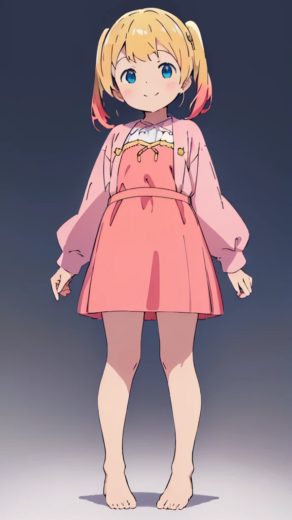 ((masterpiece))((Highest quality))girl、smile、blush、Flat Chest、Are thin、Blonde Hair、blush、Are standing、Whole body image、Eye level to the feet、front、No background、真frontのアングル、Blue clothes、Red and yellow two-tone hair、Twin tails、Red Alice outfit