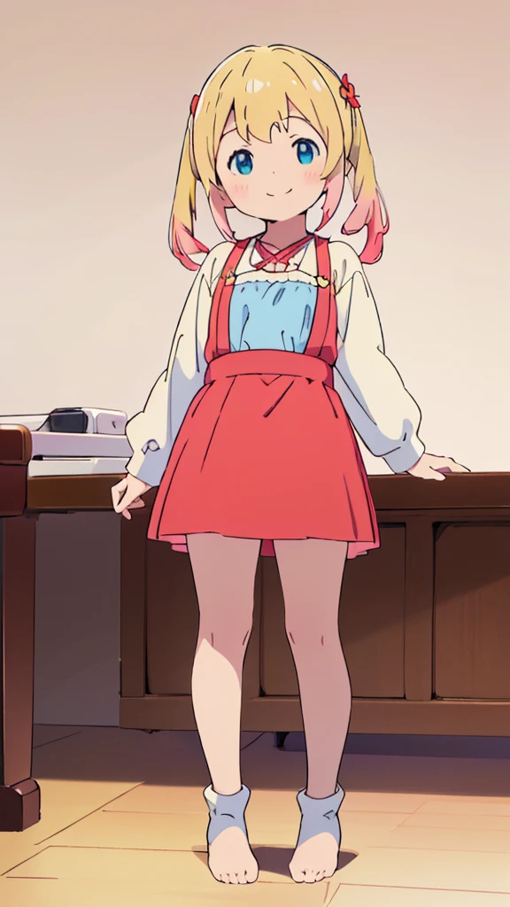 ((masterpiece))((Highest quality))girl、smile、blush、Flat Chest、Are thin、Blonde Hair、blush、Are standing、Whole body image、Eye level to the feet、front、No background、真frontのアングル、Blue clothes、Red and yellow two-tone hair、Twin tails、Red Alice outfit
