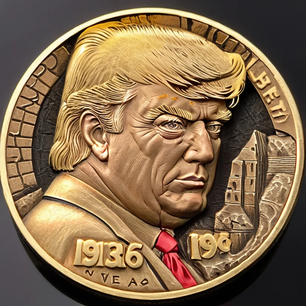 a photo of Donald Trump carving cnl gold coins, CNL Lighting, CNL Texture, high resolution, comely, highest quallity, work of art, highy detailed