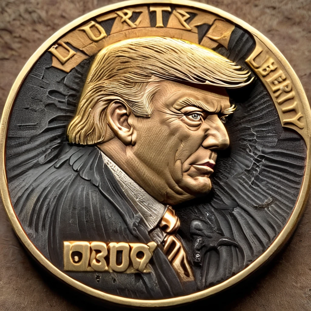 a photo of Donald Trump carving cnl gold coins, CNL Lighting, CNL Texture, high resolution, comely, highest quallity, work of art, highy detailed