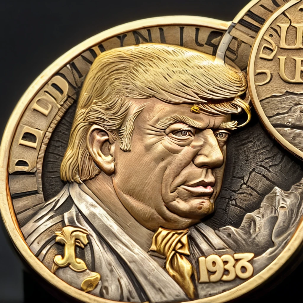 a photo of Donald Trump carving cnl gold coins, CNL Lighting, CNL Texture, high resolution, comely, highest quallity, work of art, highy detailed