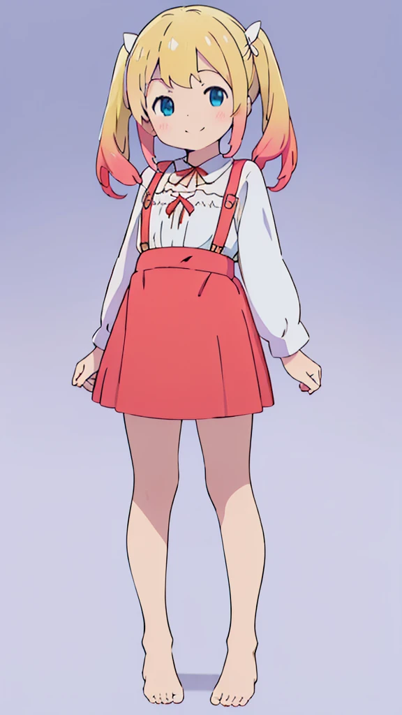 ((masterpiece))((Highest quality))girl、smile、blush、Flat Chest、Are thin、Blonde Hair、blush、Are standing、Whole body image、Eye level to the feet、front、No background、真frontのアングル、Blue clothes、Red and yellow two-tone hair、Twin tails、Red Alice outfit