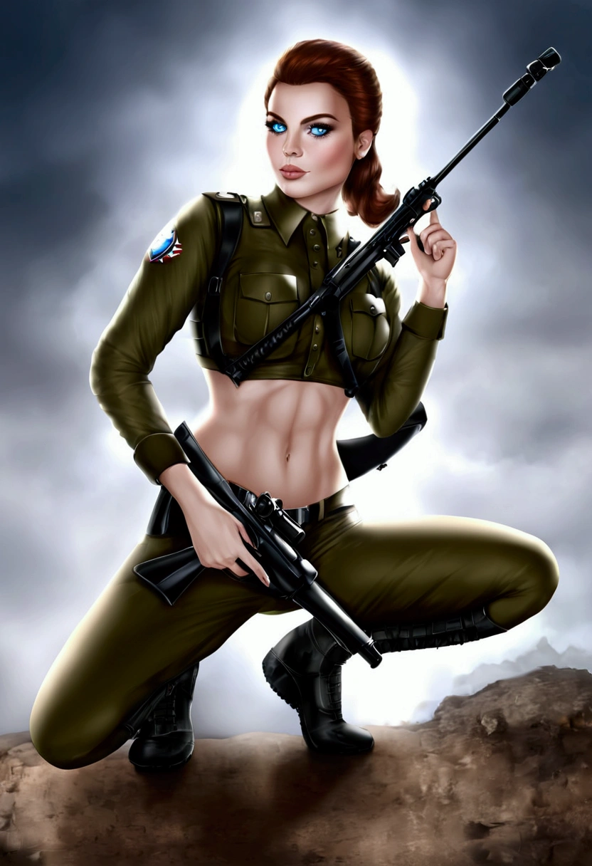 a highly detailed portrait of Daisy Ridley as a sniper, beautiful detailed eyes, beautiful detailed lips, extremely detailed eyes and face, long eyelashes, military uniform, midriff, holding a scoped rifle, holding a rifle, aiming rifle at viewer, assassin, crouching in a sniper position, icy mountain terrain, moody dramatic lighting, cinematic composition, photorealistic, 8k, hyper detailed