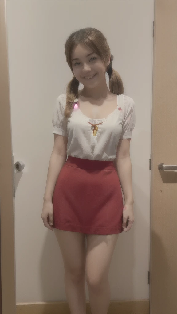((masterpiece))((Highest quality))girl、smile、blush、Flat Chest、Are thin、Blonde Hair、blush、Are standing、Whole body image、Eye level to the feet、front、No background、真frontのアングル、Blue clothes、Red and yellow two-tone hair、Twin tails、Red Alice outfit