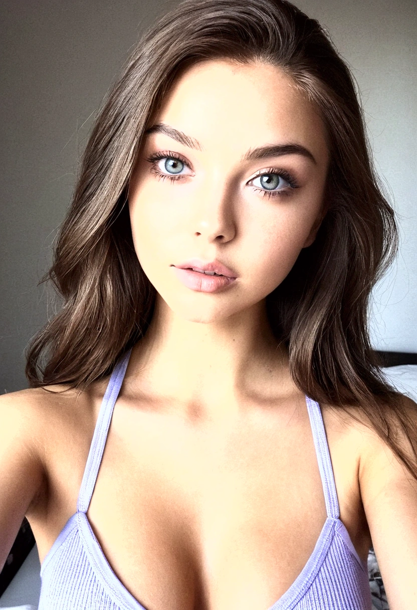 arafed femme pleinement , fille sexy aux yeux marrons, ultra réaliste, Méticuleusement détaillé, portrait sophie mudd, cheveux bruns et grands yeux, selfie d'une jeune femme, yeux de la chambre, violette myers, sans maquillage, maquillage naturel, regarder directement la caméra, visage avec artgram, maquillage subtil, superbe photo de tout le corps à genoux sur le lit, dans la chambre, Buste de taille moyenne à grande