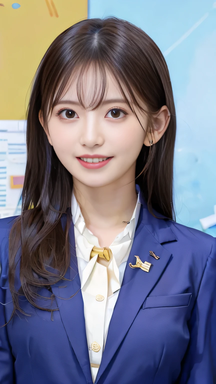 Highest quality:1.2), RAW Photos, High resolution, Very detailed, Intricate details, Two women standing side by side、Wavy Hair、、ear piercing、smile、Beautiful teeth alignment、Brown Hair(Front view, ), Clear beauty, Standing in office room, Upper Body, (High quality fabric, Office Lady Suit 、Necklace around the neck、, The background is the office