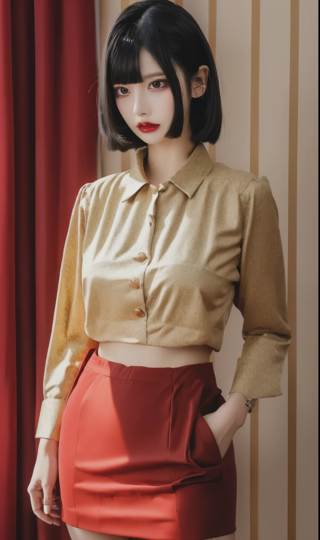 masterpiece, best quality, 32k, insane details, intricate details,
1girl, fashion photography, in style of angura keihime - cut, straight hairin a minimalist Misasakan roomhigh-wistskirtcllaredshirtshort hairstripedblunt bangs
A mature facesideways glance, (cold attitude,eyeshadow,eyeliner:1.1),(red lips:1.5), (Mole under eye:1.0),hand in pocketflower
