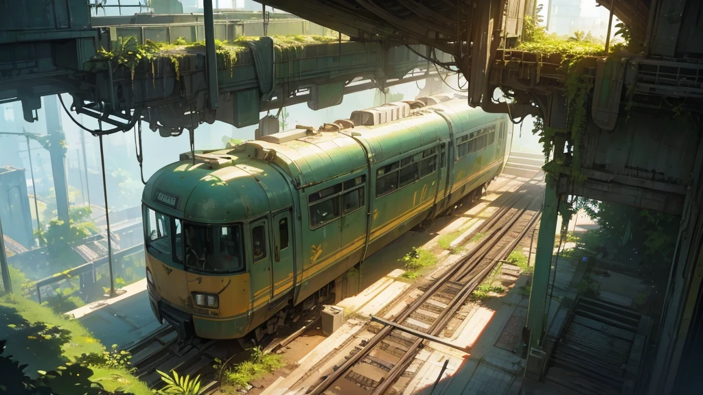 a large abandoned futuristic train station interior, overgrown with lush plants, view from above, canary bird, highly detailed, intricate architecture, warm lighting, cinematic, epic scale, photorealistic, 8k, masterpiece