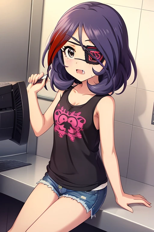 Hayasaka Mirei,purple hair,multicolored hair,fang,brown eyes,short hair,eyepatch,Tank top,Denim shorts,shorts rolled