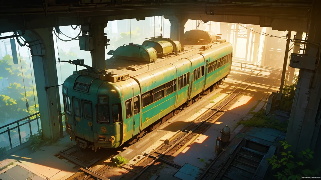 a large abandoned futuristic train station interior, overgrown with lush plants, view from above, canary bird, highly detailed, intricate architecture, warm lighting, cinematic, epic scale, photorealistic, 8k, masterpiece