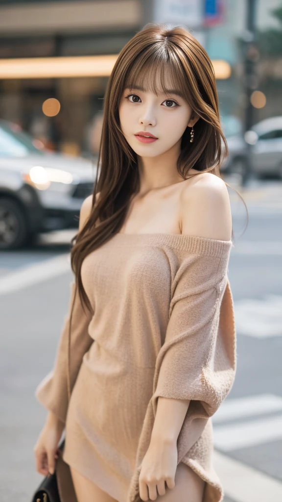Ultra High Definition, Superior Quality, Premier Quality, ultra detailed, Photorealistic, 8k, RAW Photos, highest quality, masterpiece, Attractive girl, Stunning girl, Brown Hair, Shoulder Length Layered, asymmetrical bangs, Japanese Idol, Sophisticated, Stylish, off-shoulder top, Shibuya,