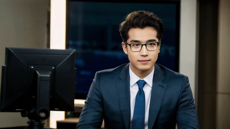 A young news anchor sits nonchalantly on a chair, calmly gazing at the camera, donning stylish eyeglasses and a casual outfit. The image is ultra-realistic, capturing every detail with precision. His sharp features and confident demeanor are highlighted by the high-definition quality, making it seem as if he could step out of the screen at any moment. The lighting and clarity of the image bring out the vibrant colors of his outfit and the subtle nuances of his expression, creating a truly captivating and lifelike portrayal. Green background