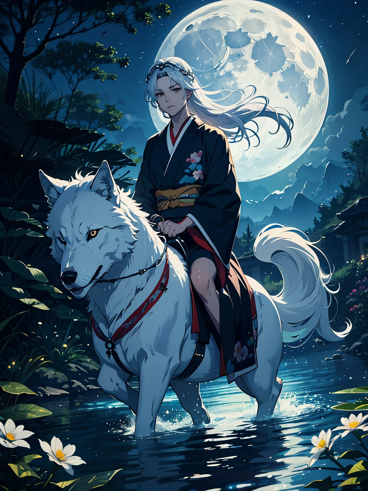 Mehr anime. Riding a wolf. Kimono. Geweih. Lichter. Magisch. King of the moon. Long hair. long white hair. aquatic, boy, silver hair accessories, White hair, blue flowers. Blue lights. Vollmond. Geweih. Kimono