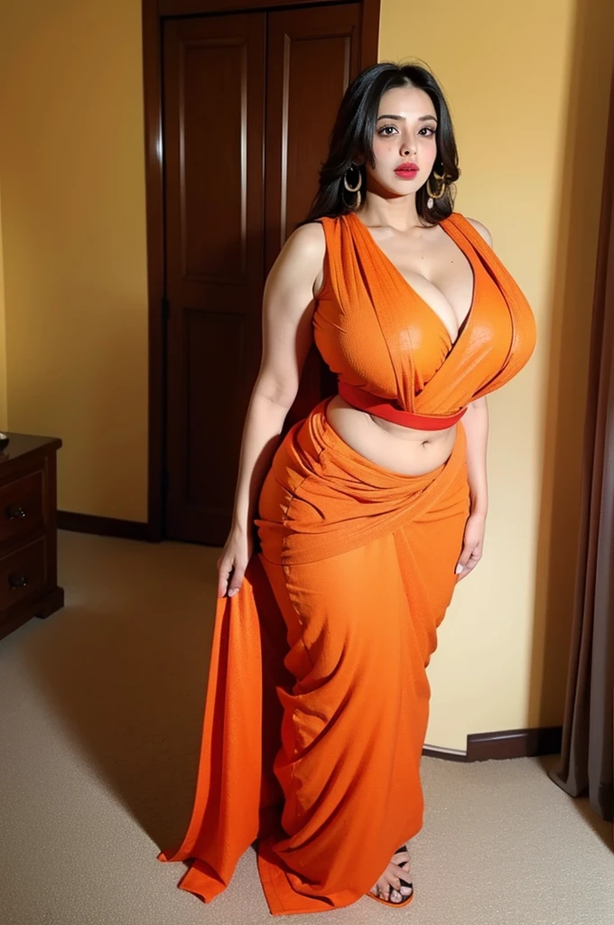 indian woman 45 years old milf, curvy_figure, big black eyes wearing mascara,red lipstick, wearing orange sleeveless saree, huge , cleavage naval show, abnormally wide hips , AanyaaSanaya, hips, visible waist, naval line visible, thighs, bra ,sexy bhabhi , full body potrait, curvy ,wide waist, thick big hips , wide hips