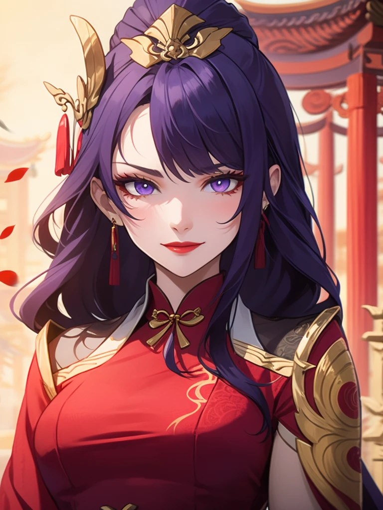 score_9, score_8_up, score_7_up, score_6_up, score_5_up, score_4_up, Raiden shogun, purple eyes, purple long hair, tied hair, hair in a bun, hairpin, traditional Chinese red wedding hanfu dress, Yourqipao Red Embroidery Chinese Xiuhe Hanfu Women's Satin Cheongsam Ancient Traditional Chinese Bride, Wedding Dress, Long Dresses, Long Earrings, Red Lipstick, Detailed Eyes, Traditional Wear, Sexy Attractive, Hot, Traditional, Smiling Wide, Happy, Blush, Gold Jewelry, Gold Earrings, Gold Headpiece and Ring, Gold Necklace, Gold Trimmed hanfu, full red hanfu, beautiful bride.