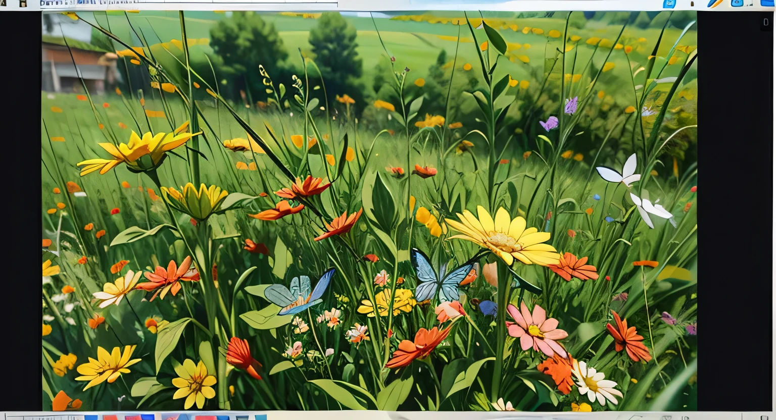 a painting of a green field with a blue sky in the background, straight line of horizon, multicolored flowers, farm field background, meadow background, field background, windows xp, windows xp wallpaper, windows xp background, farm background, windows xp bliss wallpaper, sunny sky background, steppe background, landscape background, blue sky and green grassland, sunny day background, clear sky background, landscape wallpaper, clear summer sky background