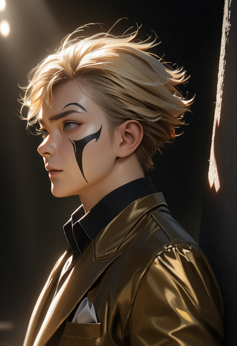 a  young man, short bleached blond hair, grey eyes, wearing a black and gold suit, detailed facial features, high quality, photorealistic, 8k, extremely detailed, masterpiece, cinematic lighting, dramatic shadows, cinematic pose